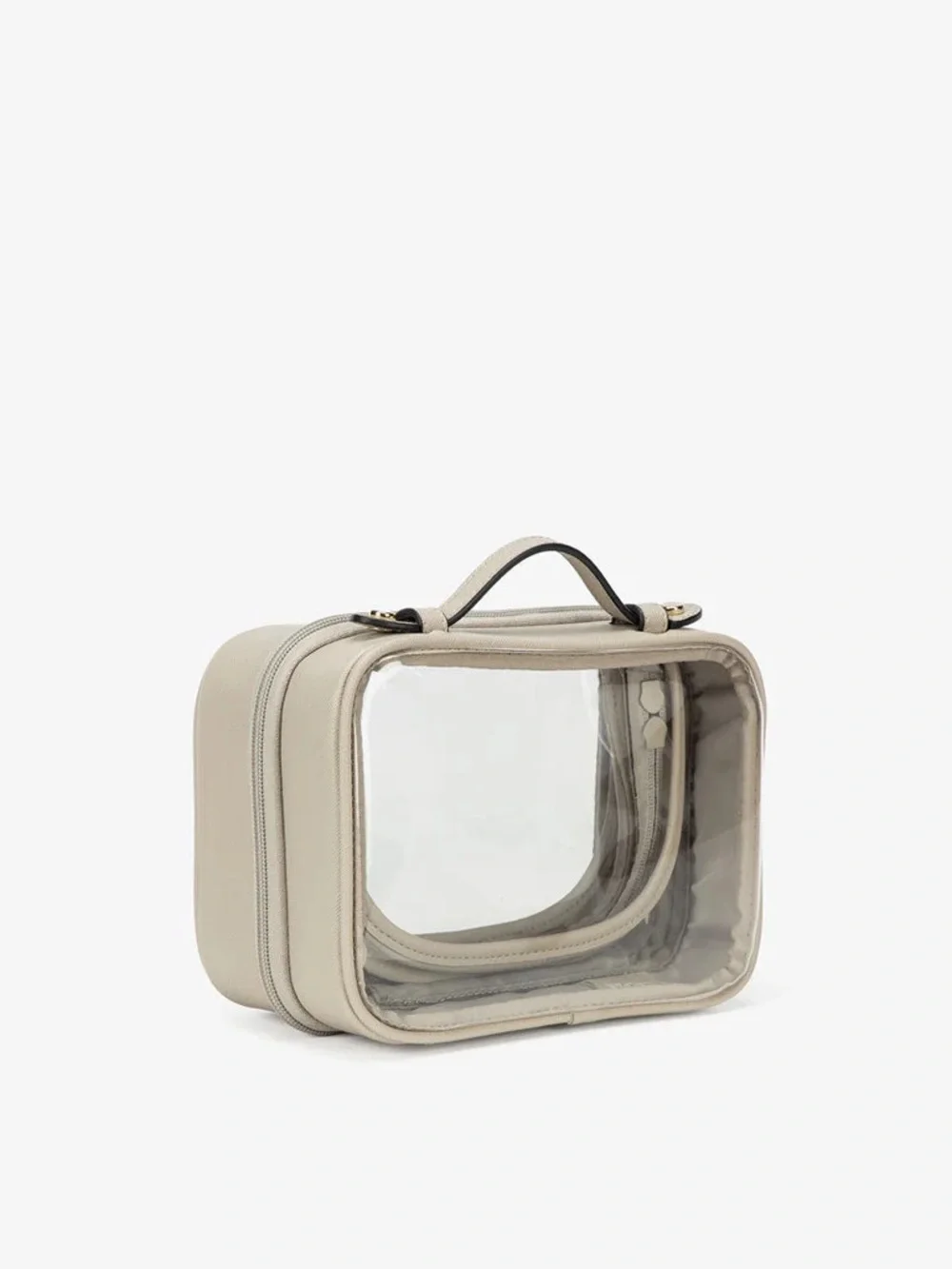Calpak Clear Cosmetic Case with Beige Trim and Black Handle